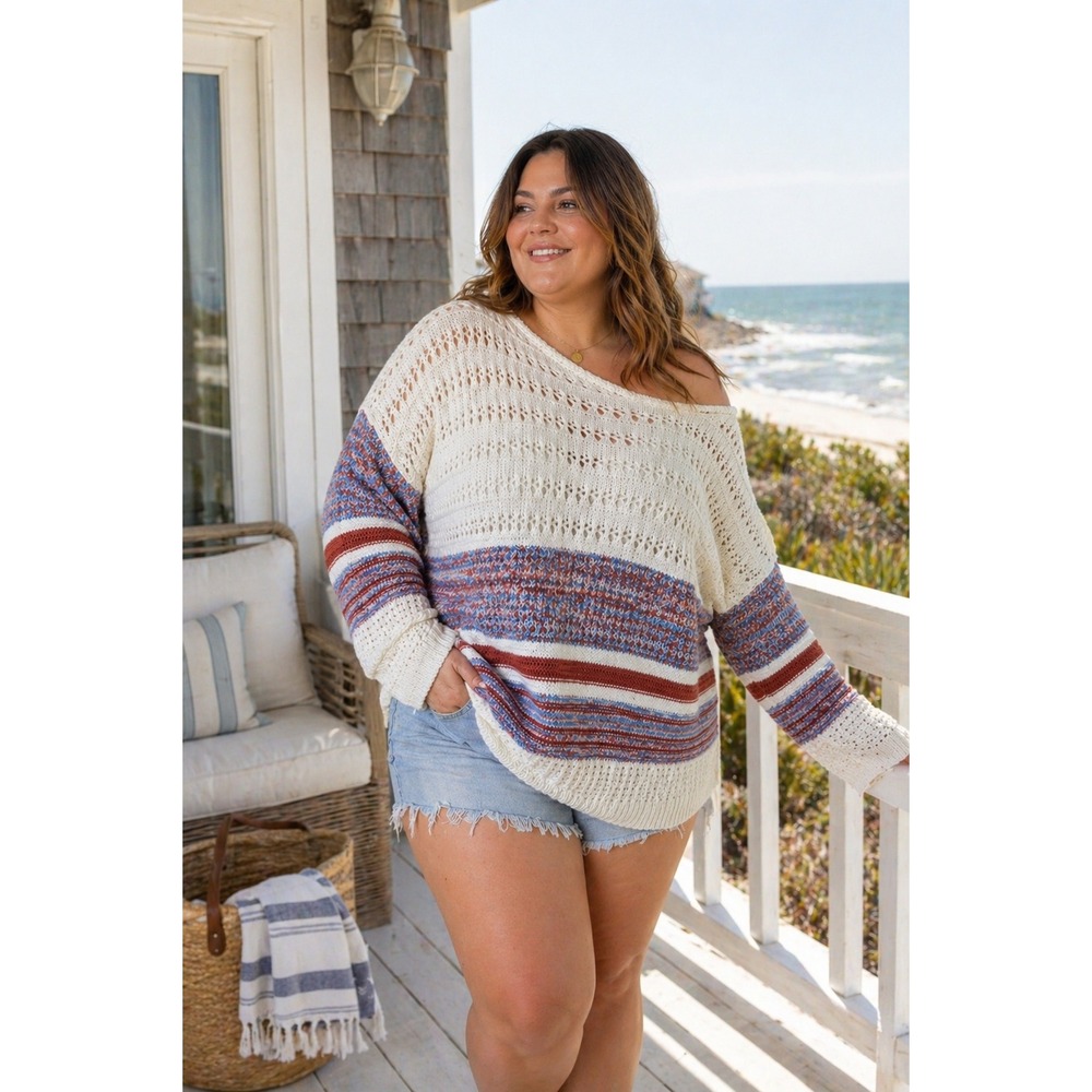 Elsie & Zoey Ivory Stripe Open Knit Boho Sweater Size 2XL Oversized Coastal